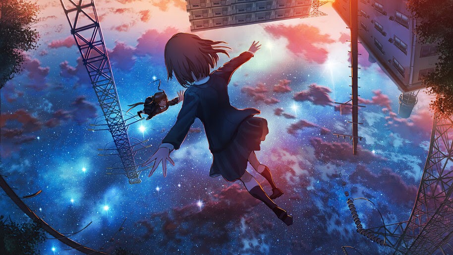 School, Girls, Anime, Flying, Night, Sky, Sunset, 4K, #6